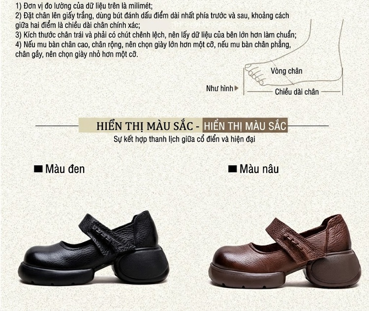 Giày Búp Bê Nữ Da Mờ Quai Dán Đế Dày Phong Cách Retro Chiều Cao Đế Khoảng 5cm Màu Đen, Nâu chi tiết 2