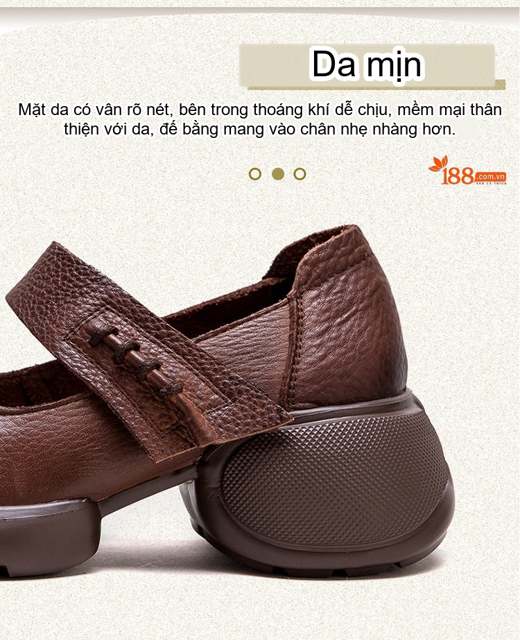 Giày Búp Bê Nữ Da Mờ Quai Dán Đế Dày Phong Cách Retro Chiều Cao Đế Khoảng 5cm Màu Đen, Nâu chi tiết 3