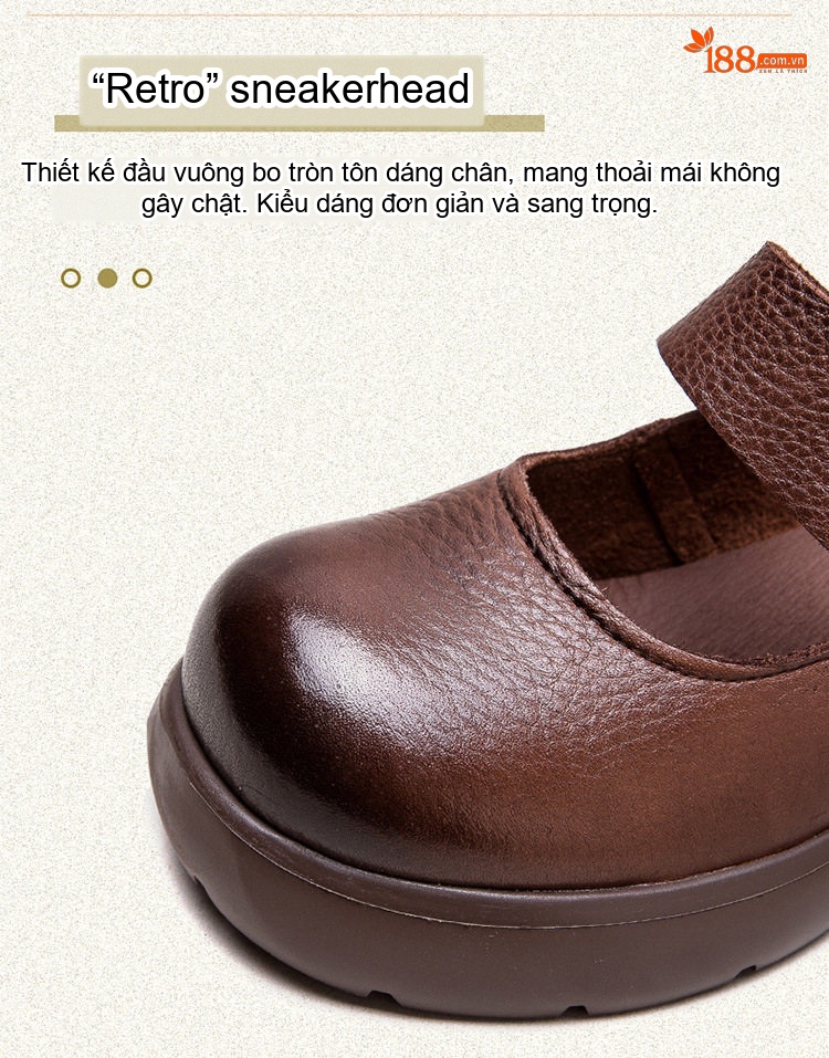 Giày Búp Bê Nữ Da Mờ Quai Dán Đế Dày Phong Cách Retro Chiều Cao Đế Khoảng 5cm Màu Đen, Nâu chi tiết 4