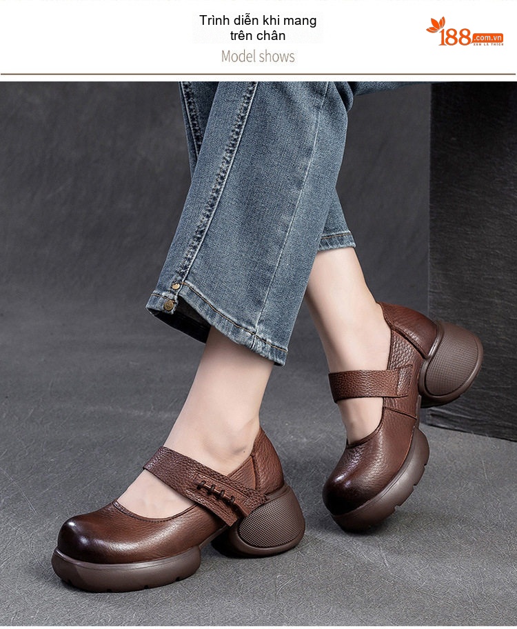 Giày Búp Bê Nữ Da Mờ Quai Dán Đế Dày Phong Cách Retro Chiều Cao Đế Khoảng 5cm Màu Đen, Nâu chi tiết 7