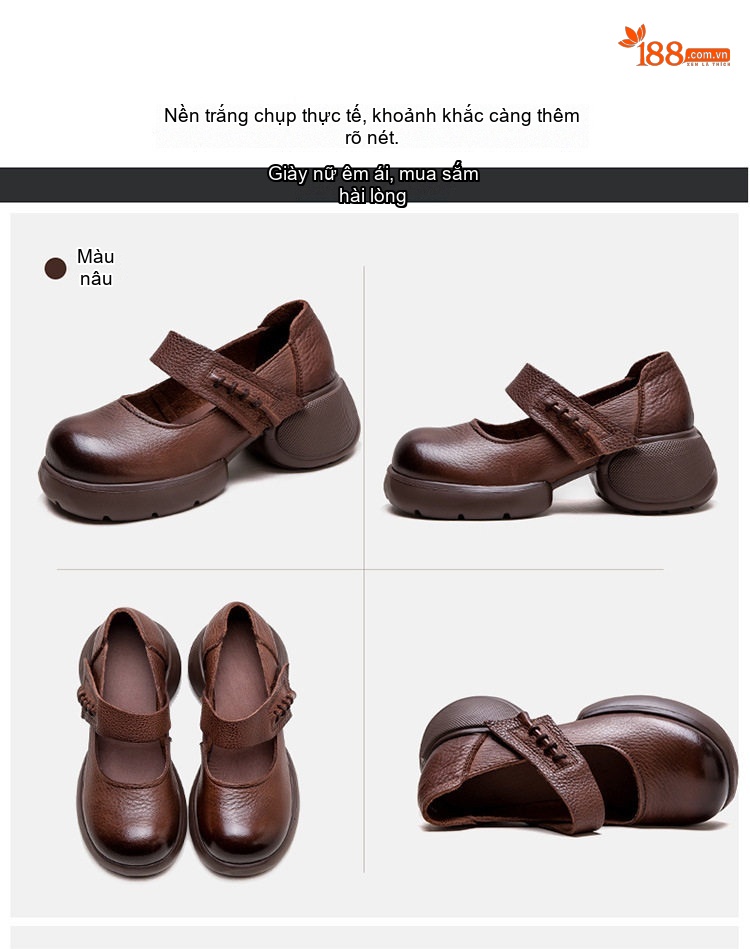 Giày Búp Bê Nữ Da Mờ Quai Dán Đế Dày Phong Cách Retro Chiều Cao Đế Khoảng 5cm Màu Đen, Nâu chi tiết 16