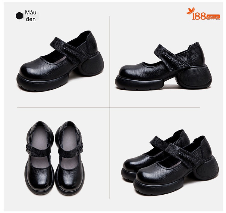 Giày Búp Bê Nữ Da Mờ Quai Dán Đế Dày Phong Cách Retro Chiều Cao Đế Khoảng 5cm Màu Đen, Nâu chi tiết 17