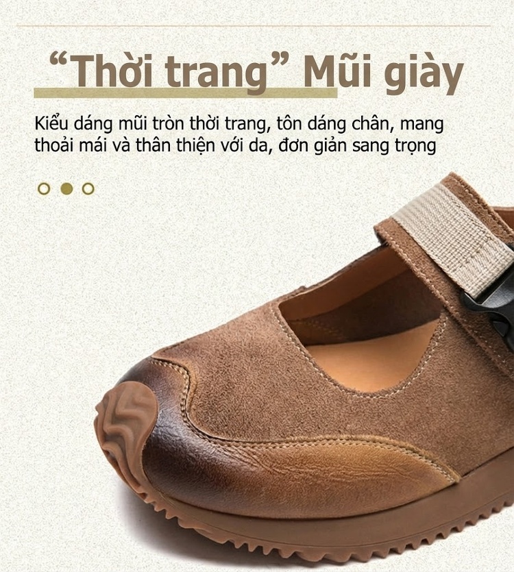 Giày Búp Bê Nữ Da Mờ Quai Dán Ma Thuật Chiều Cao Đế Khoảng 2cm Màu Nâu, Kem chi tiết 4