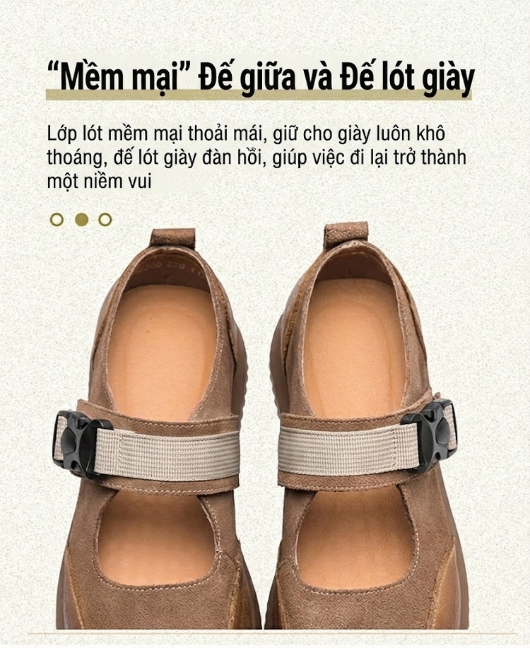 Giày Búp Bê Nữ Da Mờ Quai Dán Ma Thuật Chiều Cao Đế Khoảng 2cm Màu Nâu, Kem chi tiết 6