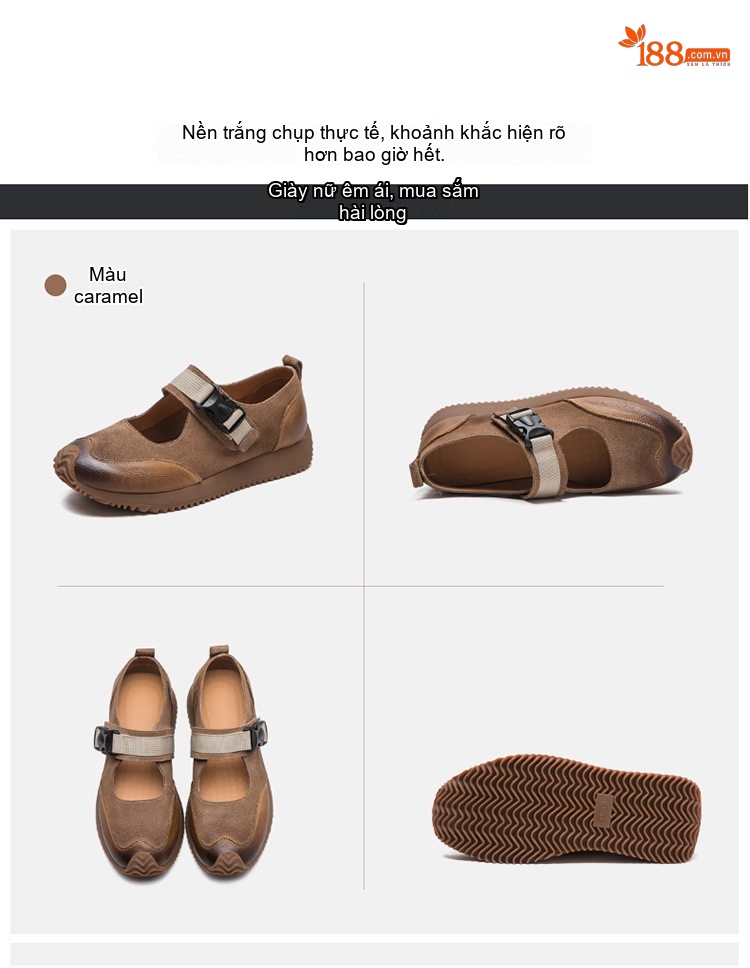Giày Búp Bê Nữ Da Mờ Quai Dán Ma Thuật Chiều Cao Đế Khoảng 2cm Màu Nâu, Kem chi tiết 16