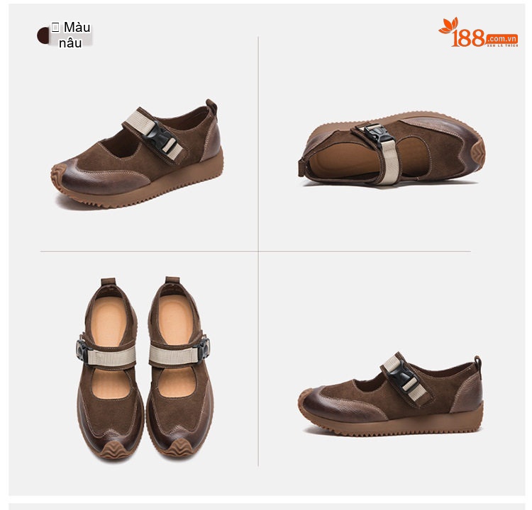 Giày Búp Bê Nữ Da Mờ Quai Dán Ma Thuật Chiều Cao Đế Khoảng 2cm Màu Nâu, Kem chi tiết 17