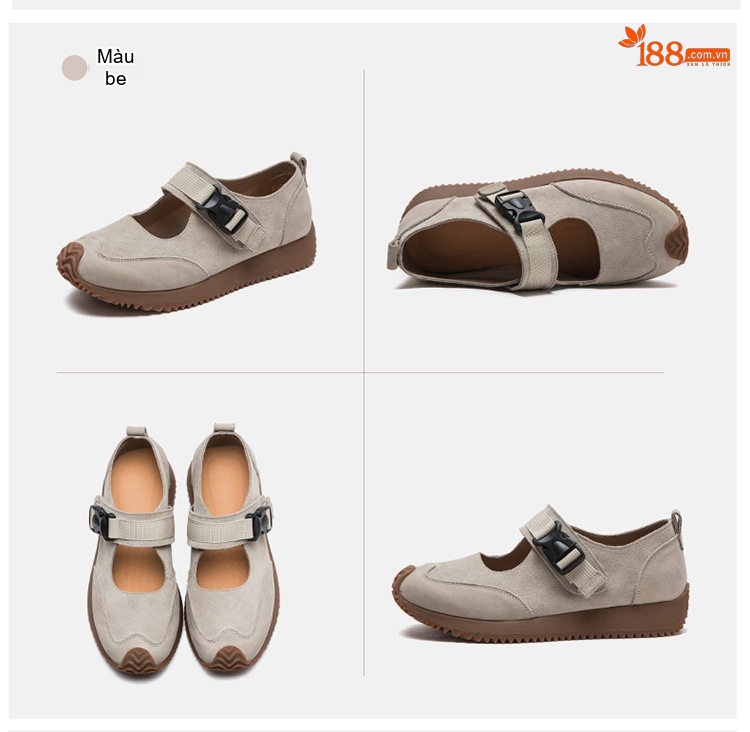 Giày Búp Bê Nữ Da Mờ Quai Dán Ma Thuật Chiều Cao Đế Khoảng 2cm Màu Nâu, Kem chi tiết 18