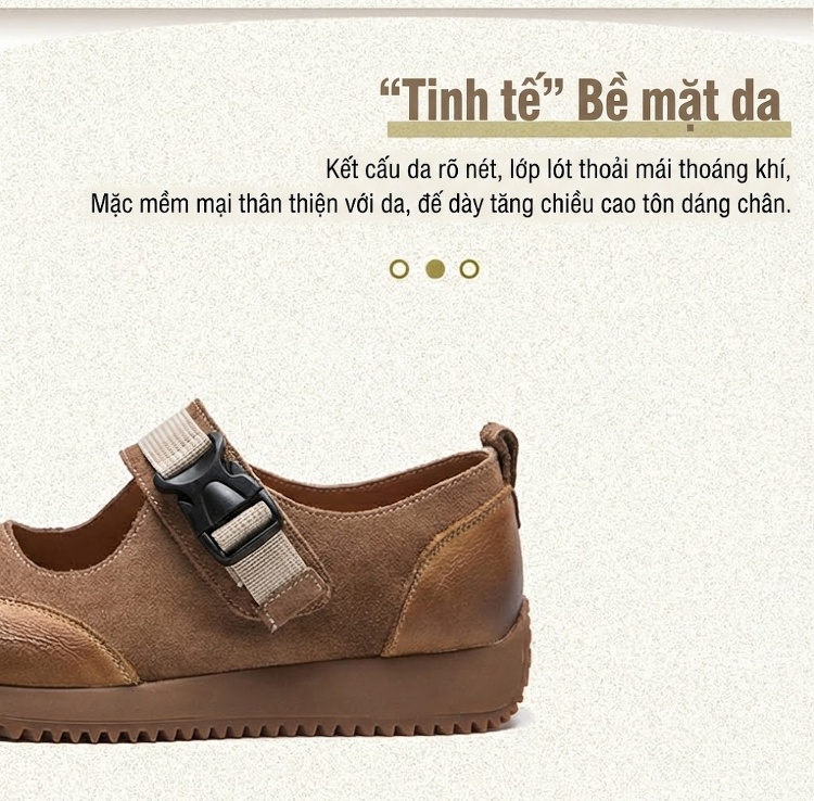 Giày Búp Bê Nữ Da Mờ Quai Dán Ma Thuật Chiều Cao Đế Khoảng 2cm Màu Nâu, Kem chi tiết 3