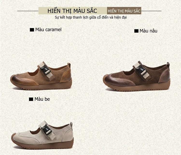 Giày Búp Bê Nữ Da Mờ Quai Dán Ma Thuật Chiều Cao Đế Khoảng 2cm Màu Nâu, Kem chi tiết 2