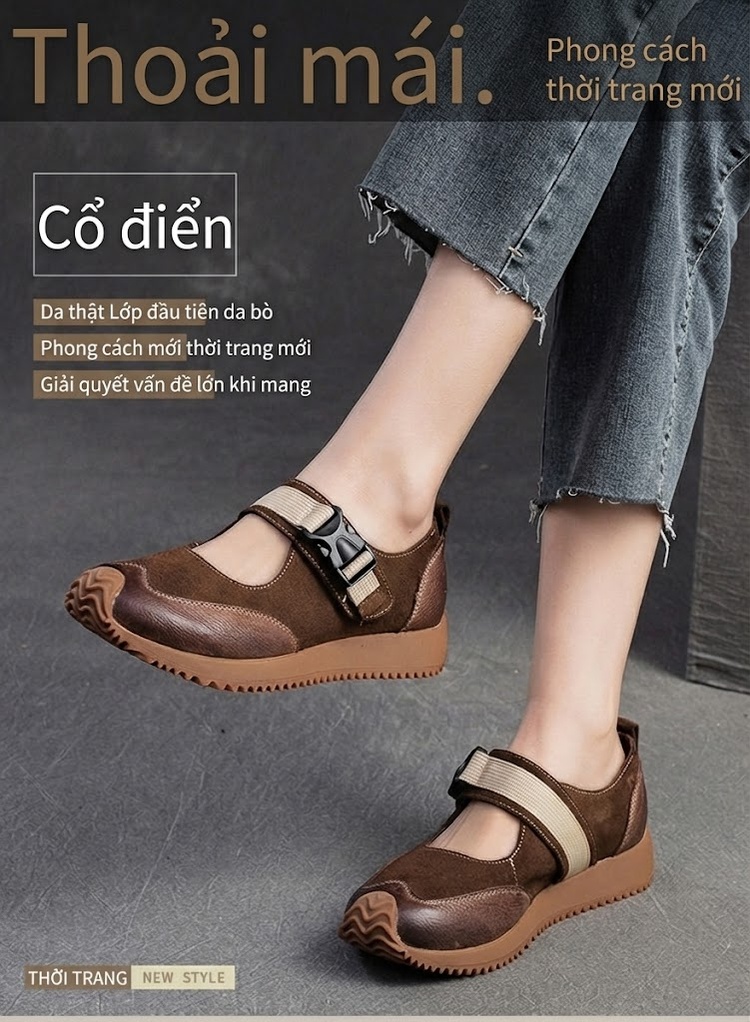 Giày Búp Bê Nữ Da Mờ Quai Dán Ma Thuật Chiều Cao Đế Khoảng 2cm Màu Nâu, Kem chi tiết 1