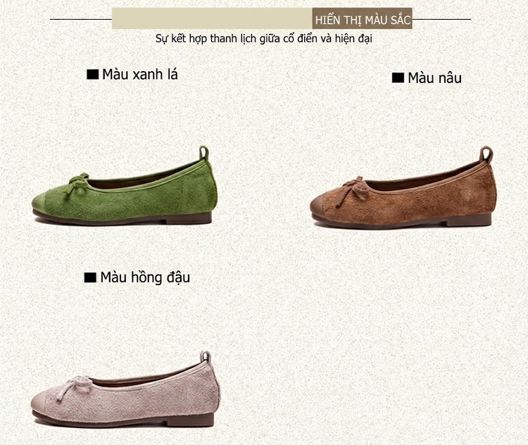 Giày Búp Bê Nữ Da Mờ Thắt Nơ Chiều Cao Đế Khoảng 1cm Màu Nâu, Kem, Xanh Lá chi tiết 2