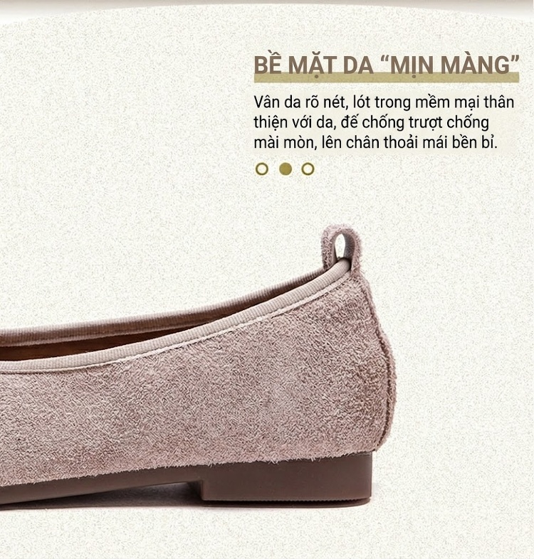 Giày Búp Bê Nữ Da Mờ Thắt Nơ Chiều Cao Đế Khoảng 1cm Màu Nâu, Kem, Xanh Lá chi tiết 3