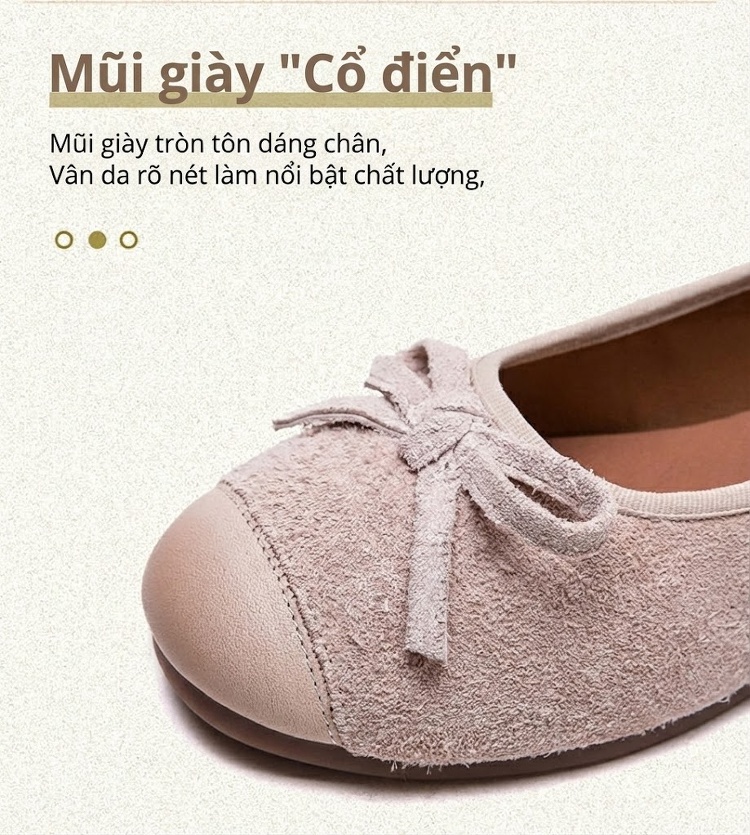 Giày Búp Bê Nữ Da Mờ Thắt Nơ Chiều Cao Đế Khoảng 1cm Màu Nâu, Kem, Xanh Lá chi tiết 4