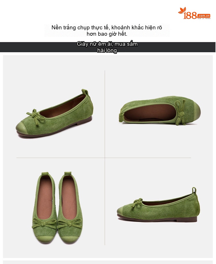 Giày Búp Bê Nữ Da Mờ Thắt Nơ Chiều Cao Đế Khoảng 1cm Màu Nâu, Kem, Xanh Lá chi tiết 16