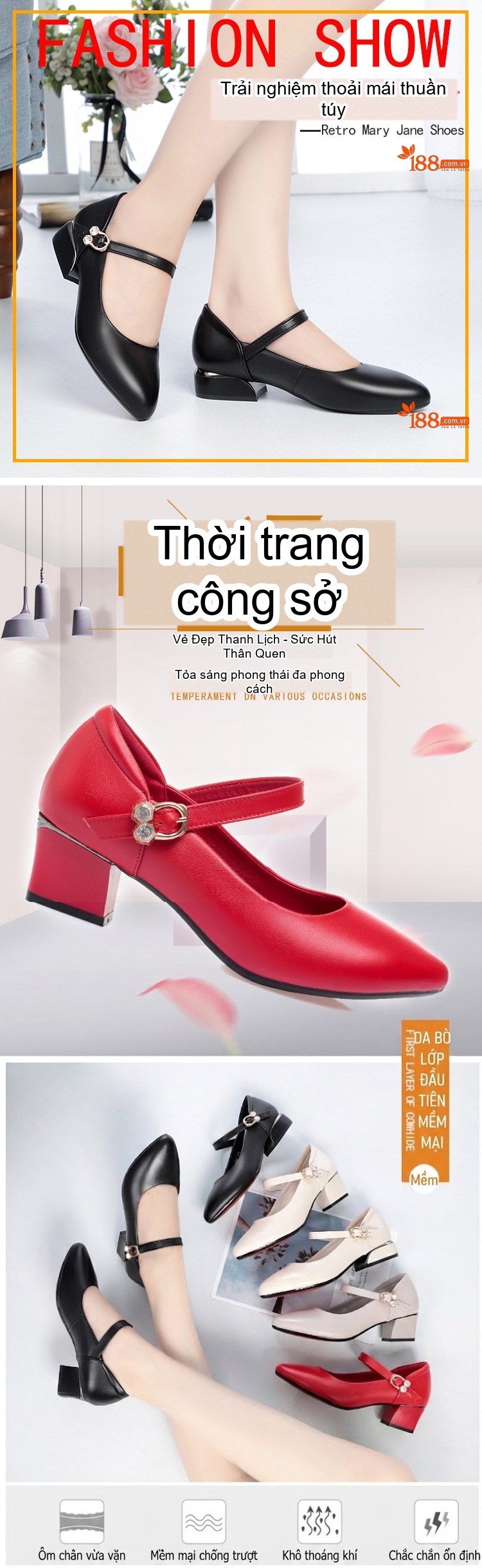 Giày Búp Bê Nữ Da Thật Chiều Cao Đế Khoảng 3.5cm Quai Ngang Màu Đỏ, Kem, Đen chi tiết 1