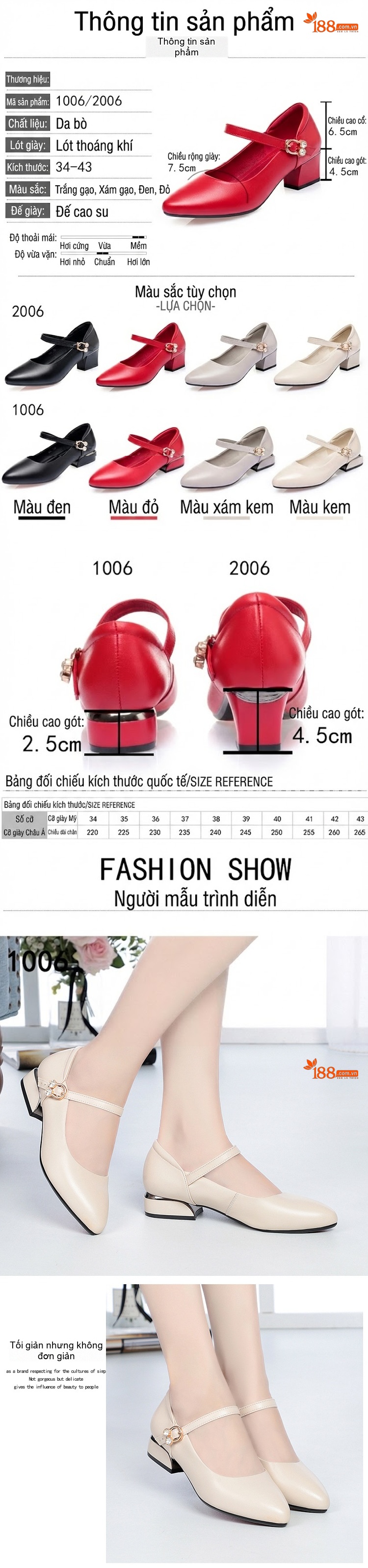 Giày Búp Bê Nữ Da Thật Chiều Cao Đế Khoảng 3.5cm Quai Ngang Màu Đỏ, Kem, Đen chi tiết 3
