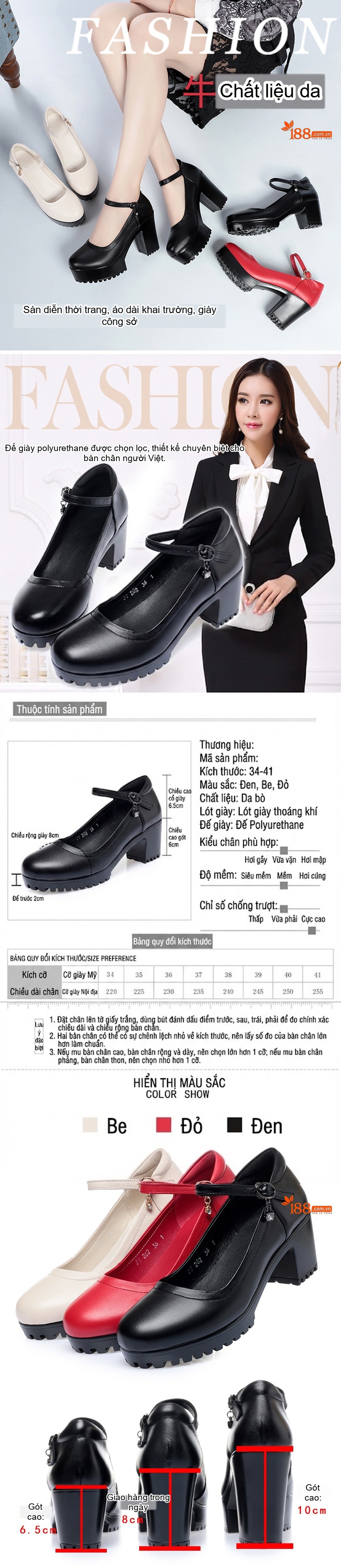 Giày Búp Bê Nữ Da Thật Chiều Cao Đế Khoảng 6cm Quai Ngang Màu Đen, Kem, Đỏ chi tiết 1
