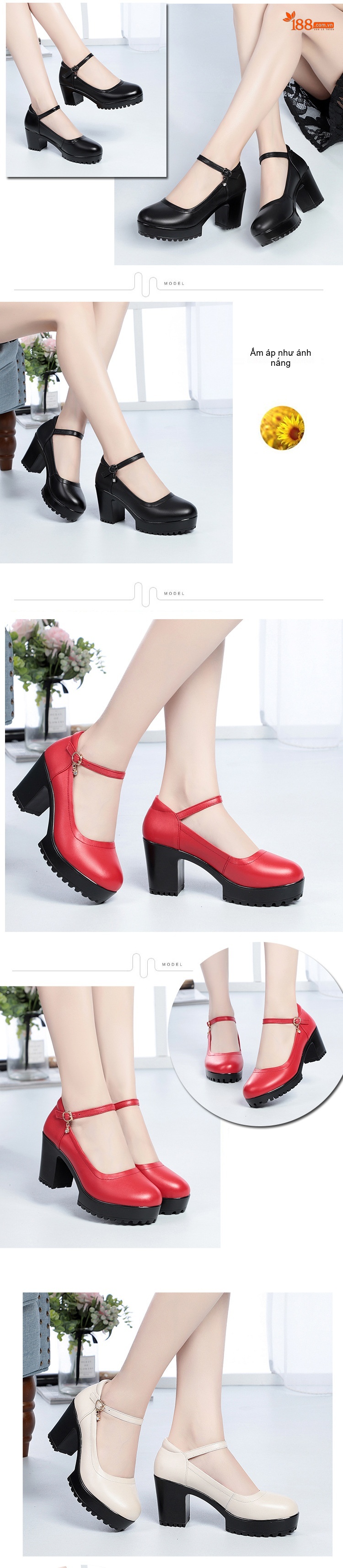Giày Búp Bê Nữ Da Thật Chiều Cao Đế Khoảng 6cm Quai Ngang Màu Đen, Kem, Đỏ chi tiết 3