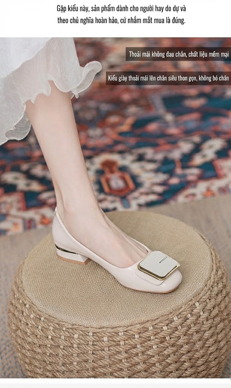Giày Búp Bê Nữ Da Thật Da Bóng Chiều Cao Đế Khoảng 2cm Gót Vuông Màu Đen, Kem chi tiết 1