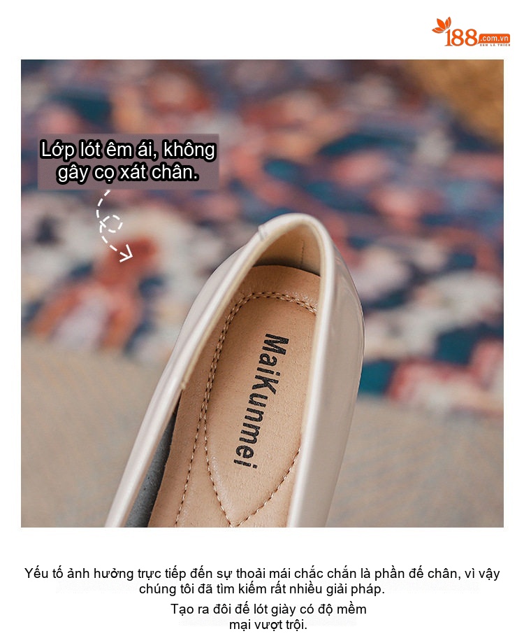 Giày Búp Bê Nữ Da Thật Da Bóng Chiều Cao Đế Khoảng 2cm Gót Vuông Màu Đen, Kem chi tiết 5