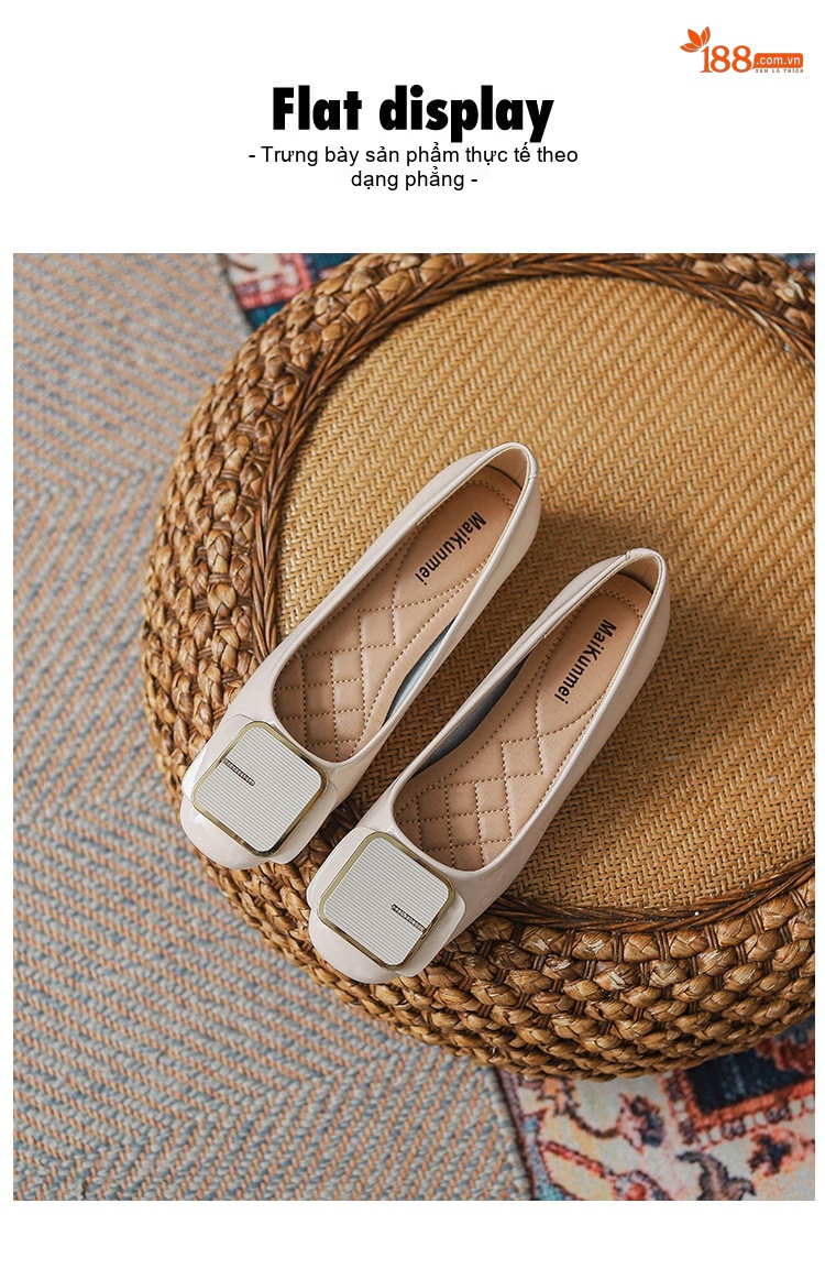 Giày Búp Bê Nữ Da Thật Da Bóng Chiều Cao Đế Khoảng 2cm Gót Vuông Màu Đen, Kem chi tiết 22