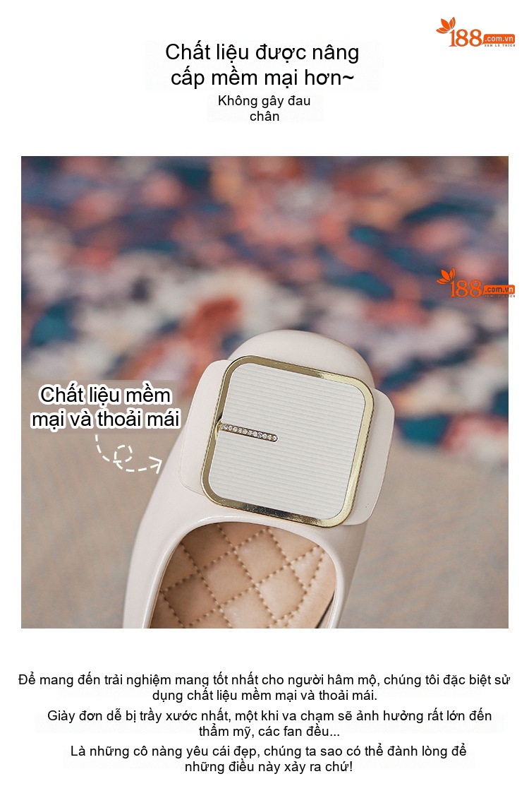 Giày Búp Bê Nữ Da Thật Da Bóng Chiều Cao Đế Khoảng 2cm Gót Vuông Màu Đen, Kem chi tiết 4