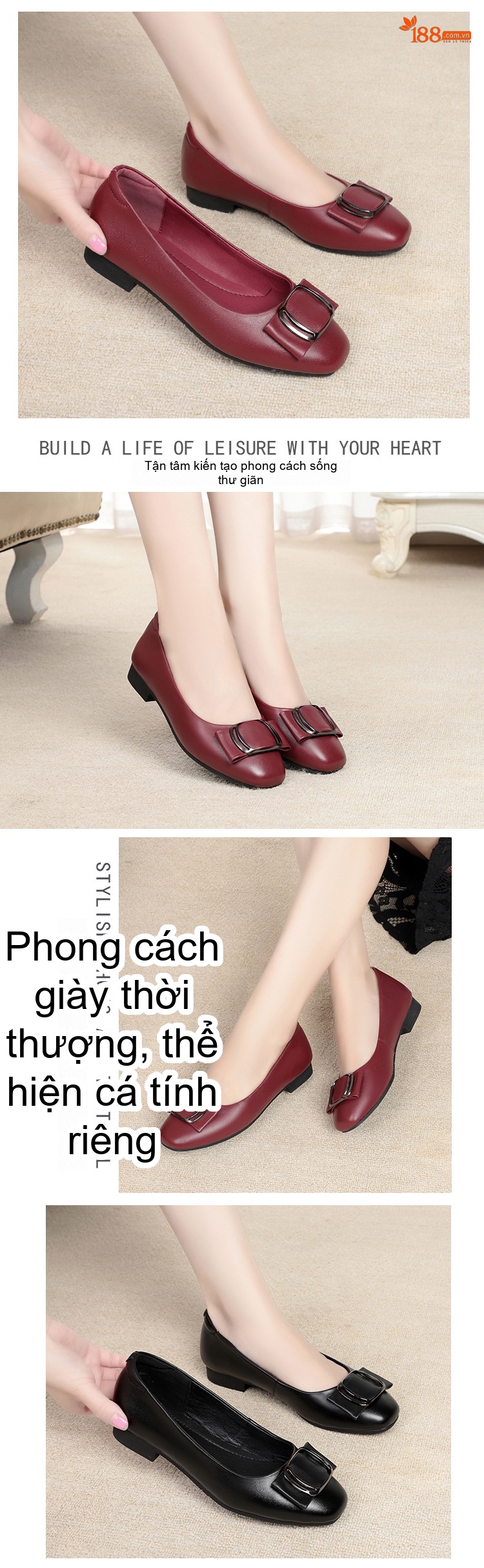 Giày Búp Bê Nữ Da Thật Đế Bằng Chiều Cao Đế Khoảng 1cm Màu Đỏ Rượu, Trắng, Đen chi tiết 3