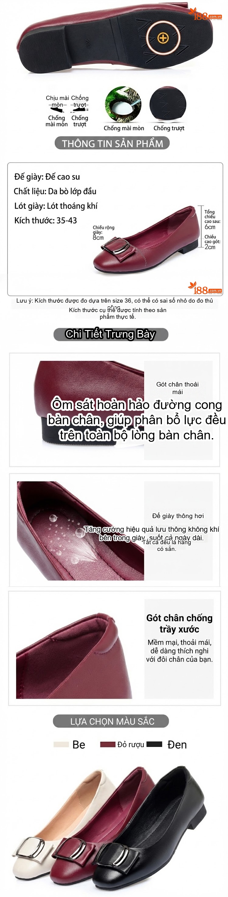 Giày Búp Bê Nữ Da Thật Đế Bằng Chiều Cao Đế Khoảng 1cm Màu Đỏ Rượu, Trắng, Đen chi tiết 1
