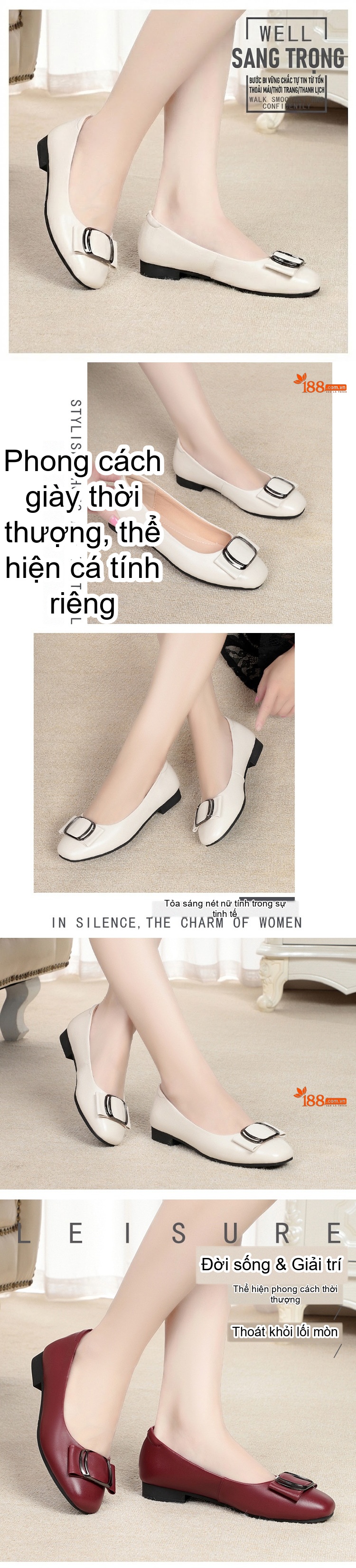 Giày Búp Bê Nữ Da Thật Đế Bằng Chiều Cao Đế Khoảng 1cm Màu Đỏ Rượu, Trắng, Đen chi tiết 2