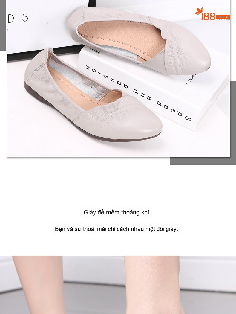 Giày Búp Bê Nữ Da Thật Đế Mềm Thoải Mái Chiều Cao Đế Khoảng 1cm Màu Be, Xám, Trắng chi tiết 9