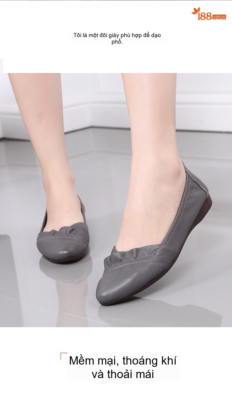 Giày Búp Bê Nữ Da Thật Đế Mềm Thoải Mái Chiều Cao Đế Khoảng 1cm Màu Be, Xám, Trắng chi tiết 13
