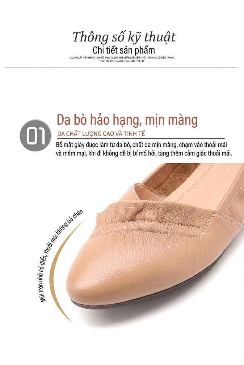 Giày Búp Bê Nữ Da Thật Đế Mềm Thoải Mái Chiều Cao Đế Khoảng 1cm Màu Be, Xám, Trắng chi tiết 15