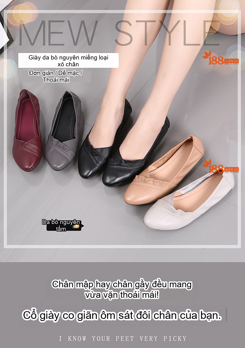 Giày Búp Bê Nữ Da Thật Đế Mềm Thoải Mái Chiều Cao Đế Khoảng 1cm Màu Be, Xám, Trắng chi tiết 1