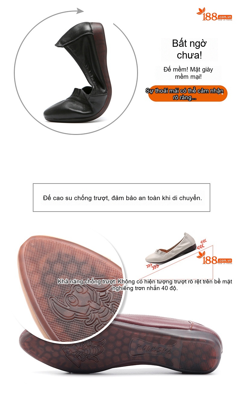 Giày Búp Bê Nữ Da Thật Đế Mềm Thoải Mái Chiều Cao Đế Khoảng 1cm Màu Be, Xám, Trắng chi tiết 3