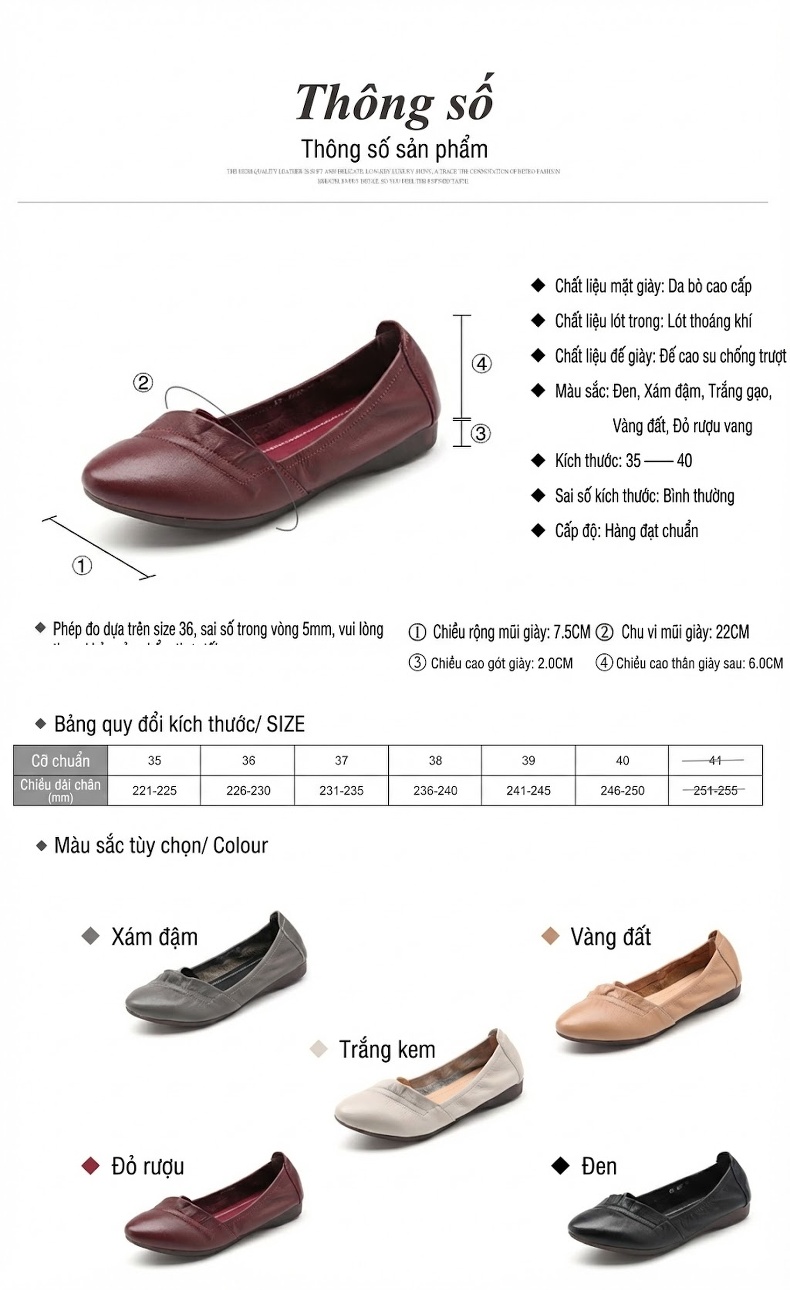 Giày Búp Bê Nữ Da Thật Đế Mềm Thoải Mái Chiều Cao Đế Khoảng 1cm Màu Be, Xám, Trắng chi tiết 4