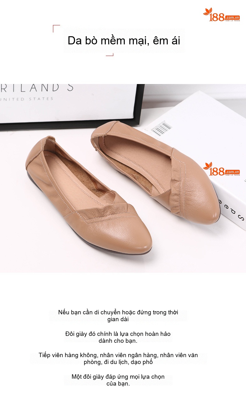 Giày Búp Bê Nữ Da Thật Đế Mềm Thoải Mái Chiều Cao Đế Khoảng 1cm Màu Be, Xám, Trắng chi tiết 7