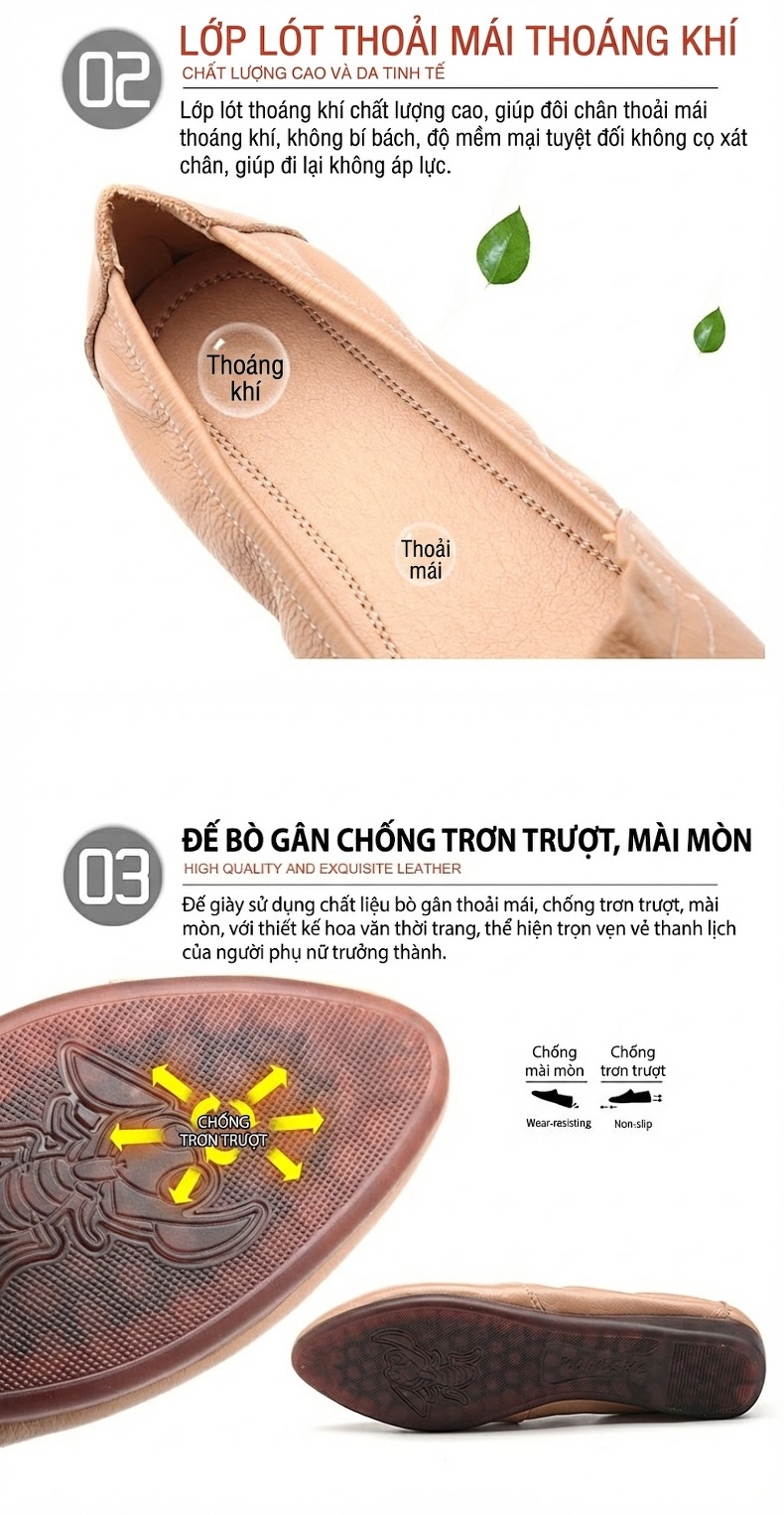 Giày Búp Bê Nữ Da Thật Đế Mềm Thoải Mái Chiều Cao Đế Khoảng 1cm Màu Be, Xám, Trắng chi tiết 16