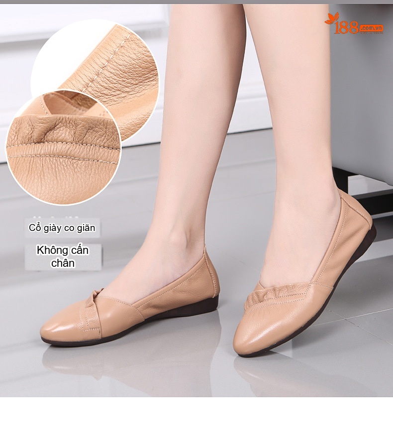 Giày Búp Bê Nữ Da Thật Đế Mềm Thoải Mái Chiều Cao Đế Khoảng 1cm Màu Be, Xám, Trắng chi tiết 2