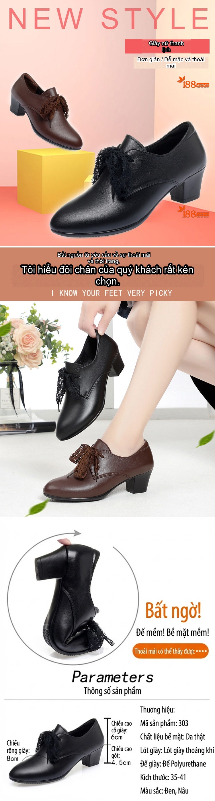 Giày Búp Bê Nữ Da Thật Đế Vuông Chiều Cao Đế Khoảng 4cm Màu Đen, Nâu chi tiết 1