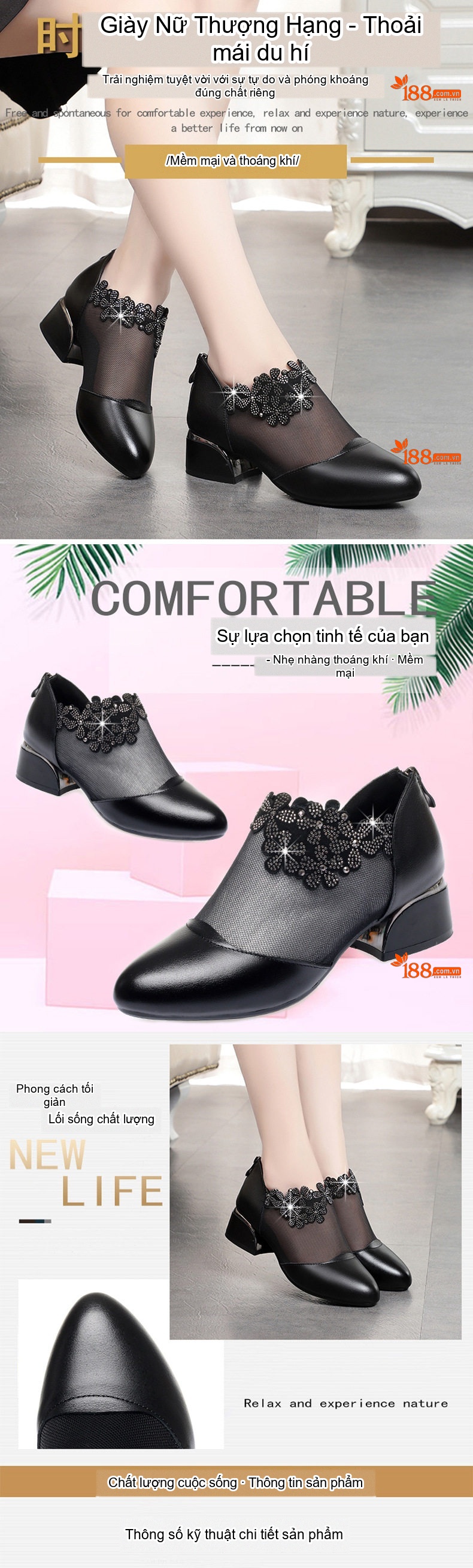 Giày Búp Bê Nữ Da Thật Lưới Mỏng Chiều Cao Đế Khoảng 3cm Màu Đen chi tiết 1