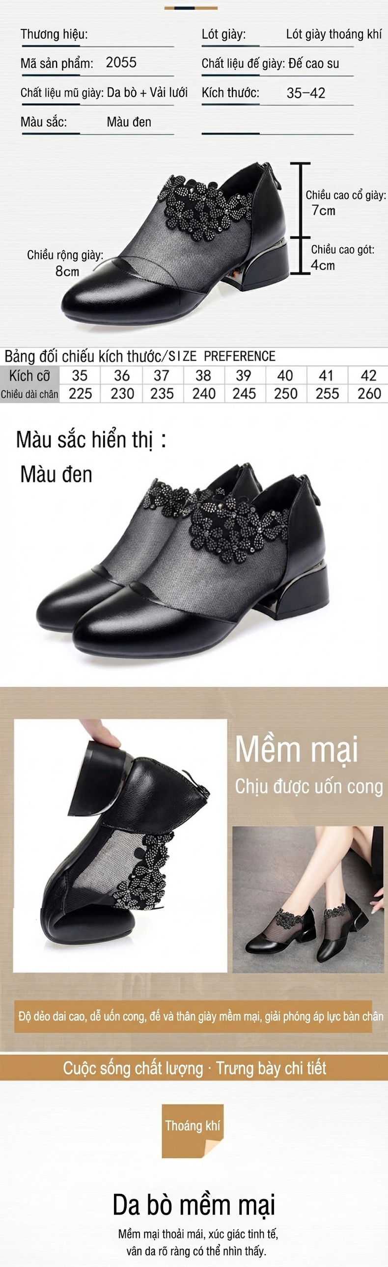 Giày Búp Bê Nữ Da Thật Lưới Mỏng Chiều Cao Đế Khoảng 3cm Màu Đen chi tiết 2