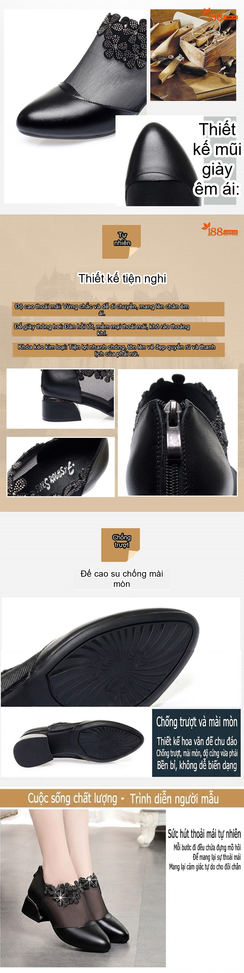 Giày Búp Bê Nữ Da Thật Lưới Mỏng Chiều Cao Đế Khoảng 3cm Màu Đen chi tiết 3
