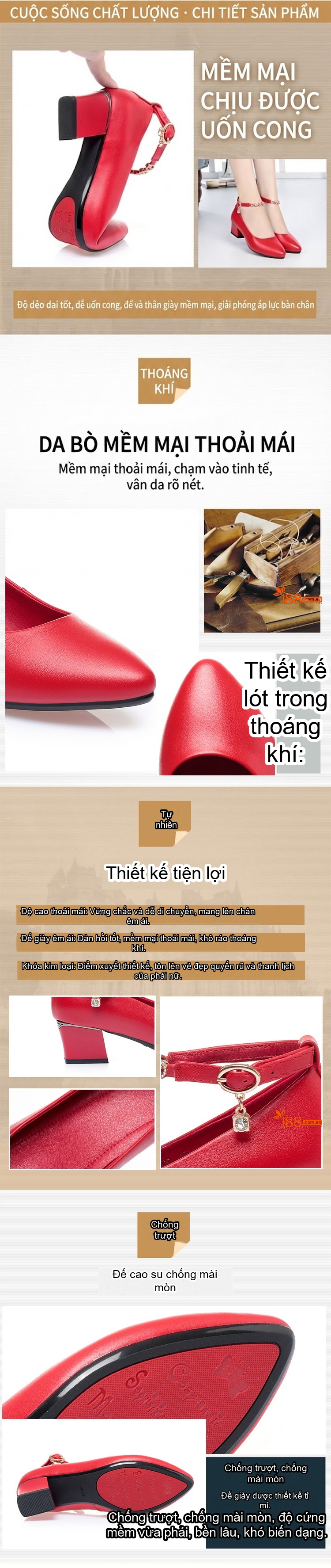 Giày Búp Bê Nữ Da Thật Quai Ngang Chiều Cao Đế Khoảng 3cm Màu Đỏ, Đen, Kem... chi tiết 2
