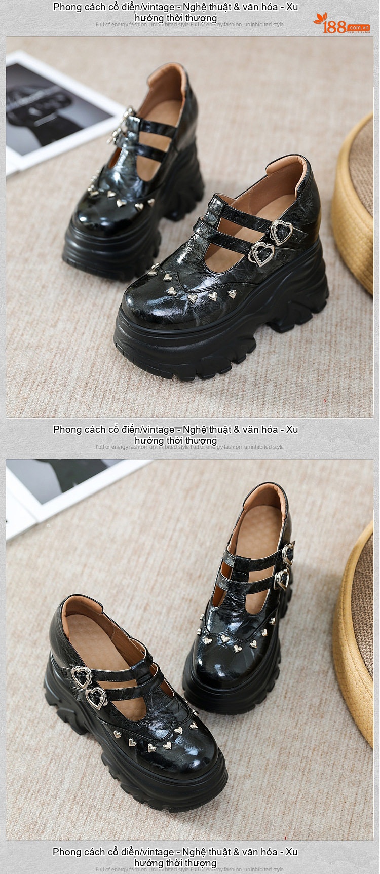 Giày Búp Bê Nữ Đế Bánh Mì Da Bóng Hai Quai Chiều Cao Đế Khoảng 6cm Phong Cách Anh Quốc Màu Kem, Đen chi tiết 2
