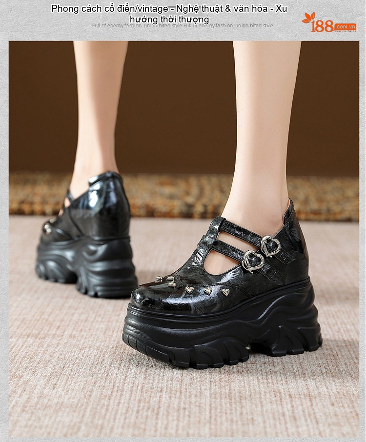 Giày Búp Bê Nữ Đế Bánh Mì Da Bóng Hai Quai Chiều Cao Đế Khoảng 6cm Phong Cách Anh Quốc Màu Kem, Đen chi tiết 6