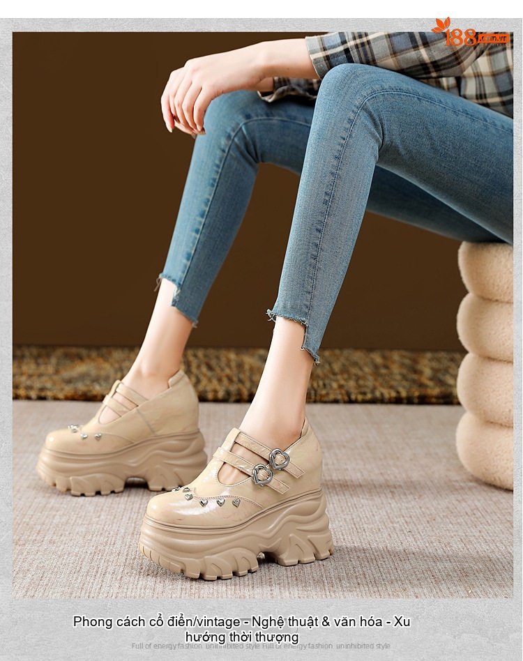 Giày Búp Bê Nữ Đế Bánh Mì Da Bóng Hai Quai Chiều Cao Đế Khoảng 6cm Phong Cách Anh Quốc Màu Kem, Đen chi tiết 10