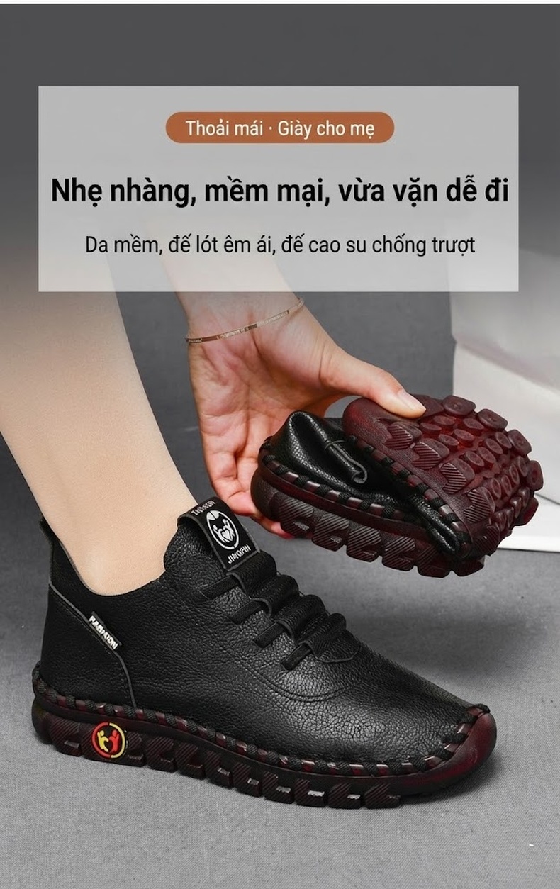 Giày Búp Bê Nữ Đế Mềm Chiều Cao Đế Khoảng 3cm Da Bóng Màu Kem, Đỏ, Đen chi tiết 2
