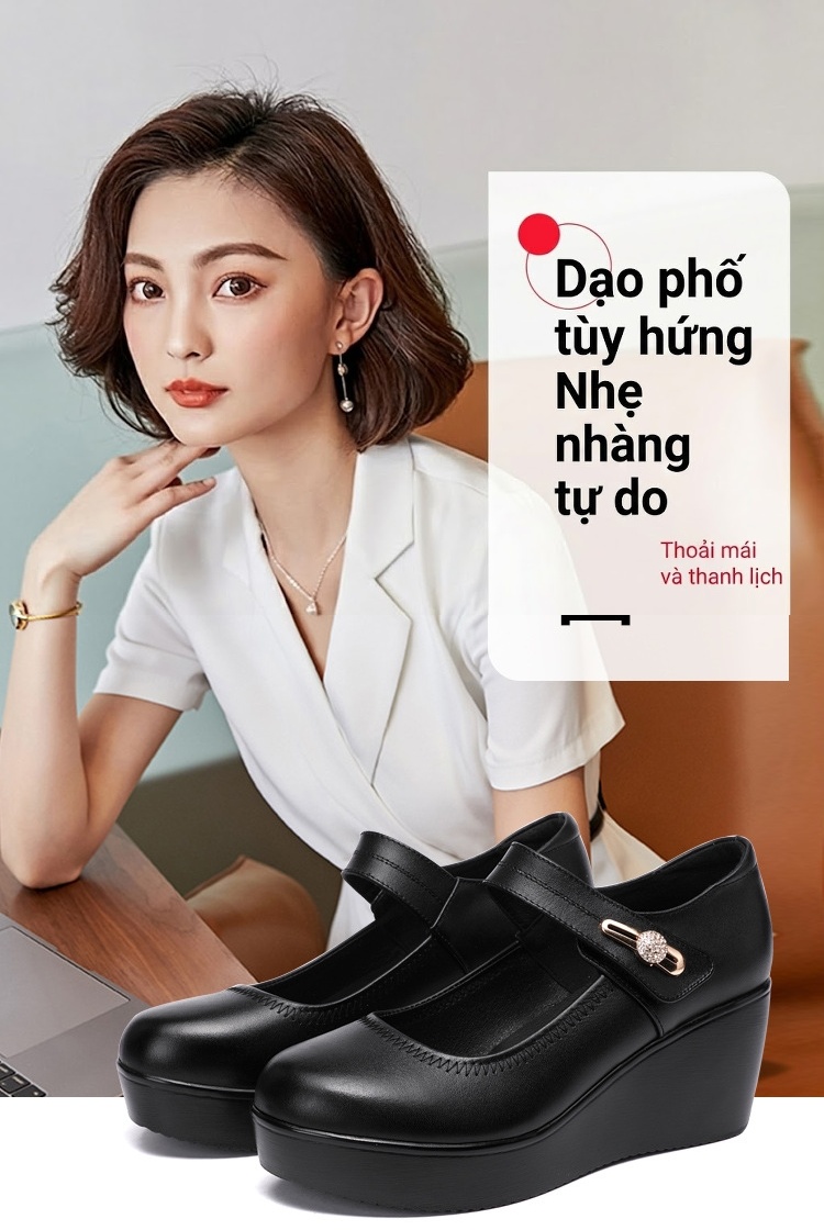 Giày Búp Bê Nữ Đế Xuồng Da Bóng Chiều Cao Đế 6cm Màu Đen, Nâu, Đỏ chi tiết 1