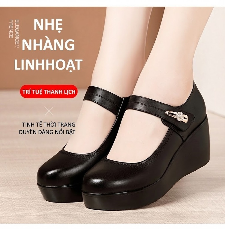 Giày Búp Bê Nữ Đế Xuồng Da Bóng Chiều Cao Đế 6cm Màu Đen, Nâu, Đỏ chi tiết 3