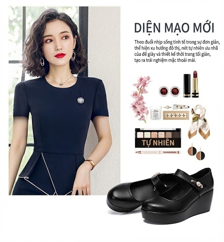 Giày Búp Bê Nữ Đế Xuồng Da Bóng Chiều Cao Đế 6cm Màu Đen, Nâu, Đỏ chi tiết 4